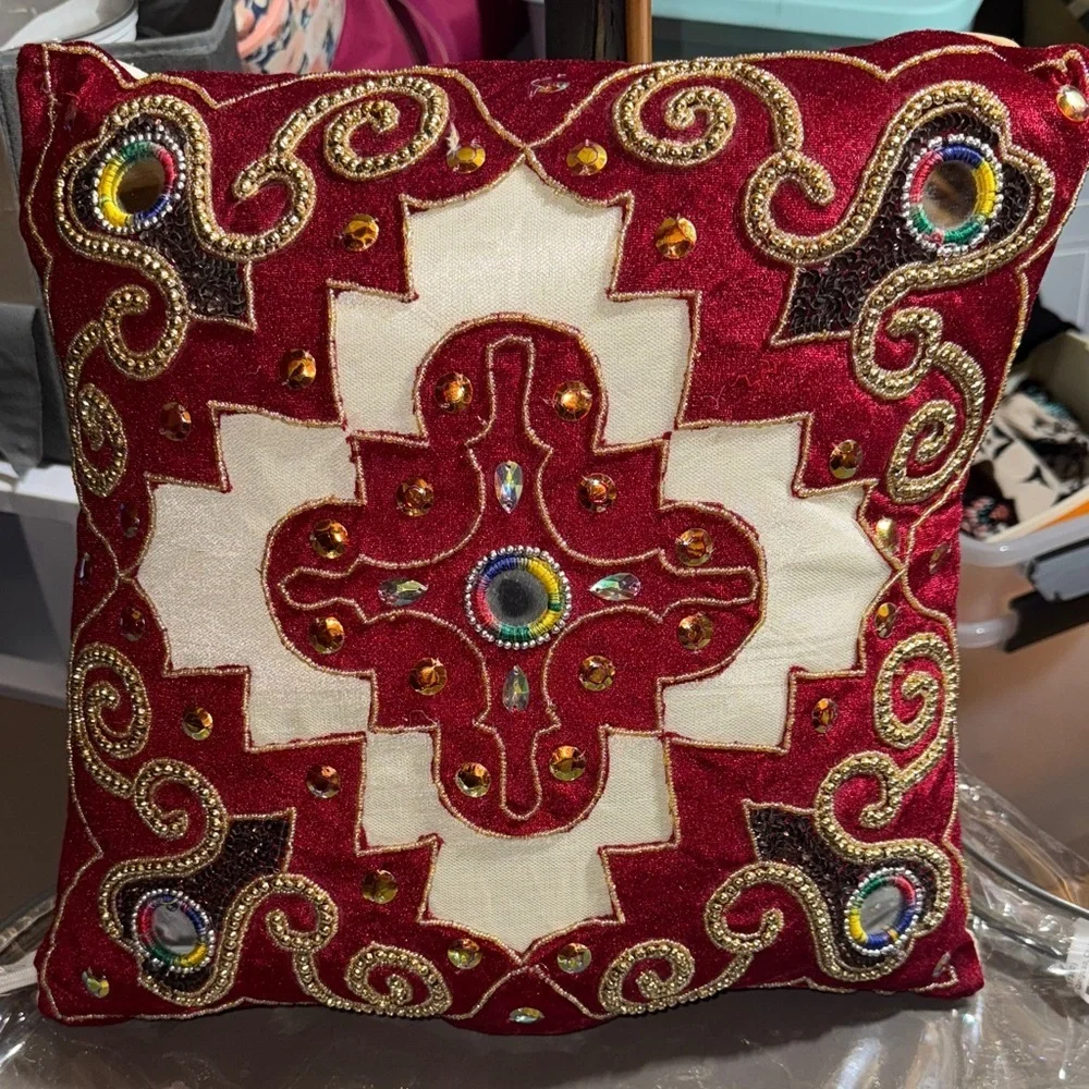 Elegant Red and White Embroidered Cushion